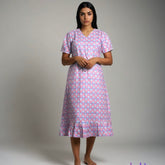 Frock Wear, Free Size, Ankle Length, Tie-Up, Puff Sleeve Sleepwear in Softest Cotton Fabric (Bra Size 34"-38" | 50”-52″ length)